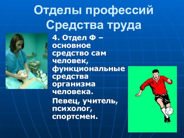 Отделы профессий Средства труда 4. Отдел Ф – основное средство сам человек,