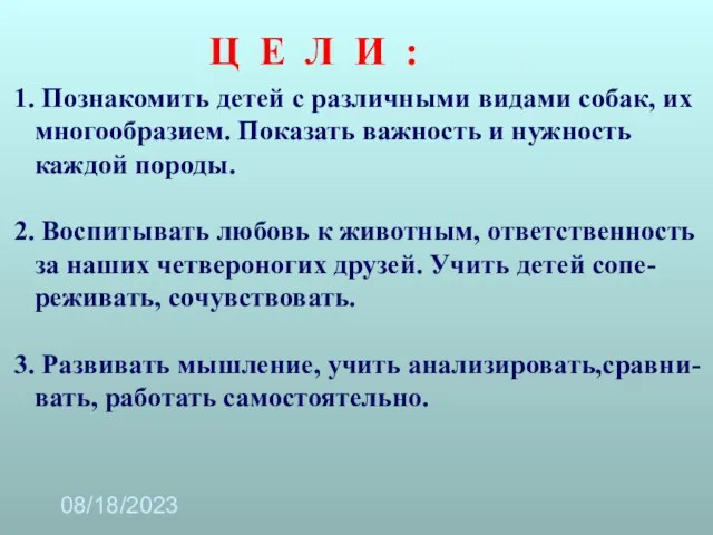 08/18/2023 1. Познакомить детей с различными видами собак, их многообразием. Показать важность