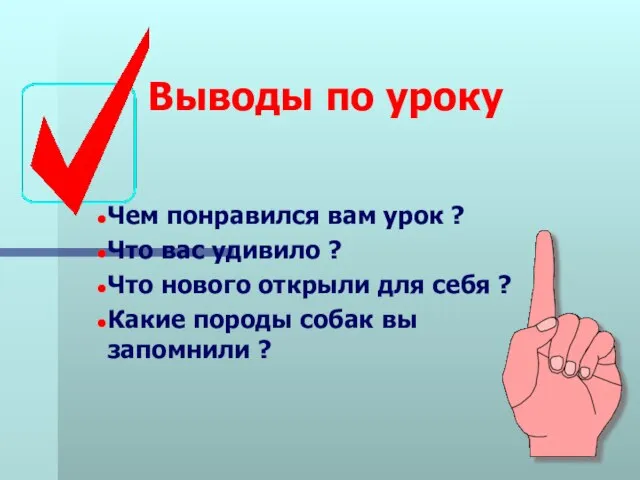 Выводы по уроку Чем понравился вам урок ? Что вас удивило ?