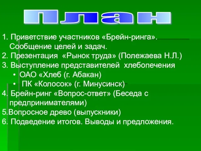 1. Приветствие участников «Брейн-ринга». Сообщение целей и задач. 2. Презентация «Рынок труда»