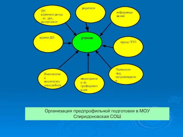 ОУ: администратор, кл. рук., консультант родители информирование Организация предпрофильной подготовки в МОУ Спиридоновская СОШ