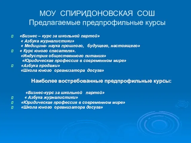 МОУ СПИРИДОНОВСКАЯ СОШ Предлагаемые предпрофильные курсы «Бизнес – курс за школьной партой»