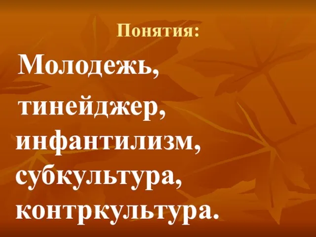 Понятия: Молодежь, тинейджер, инфантилизм, субкультура, контркультура.