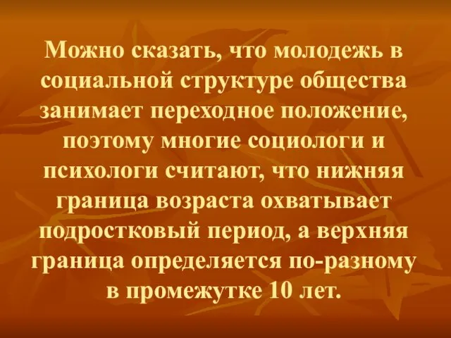 Можно сказать, что молодежь в социальной структуре общества занимает переходное положение, поэтому