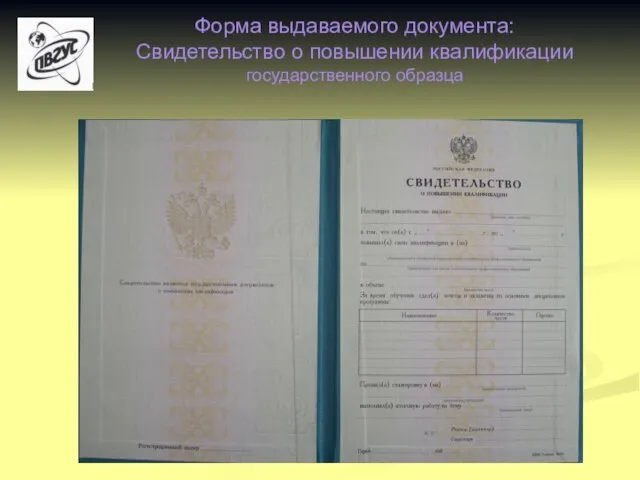 Форма выдаваемого документа: Свидетельство о повышении квалификации государственного образца