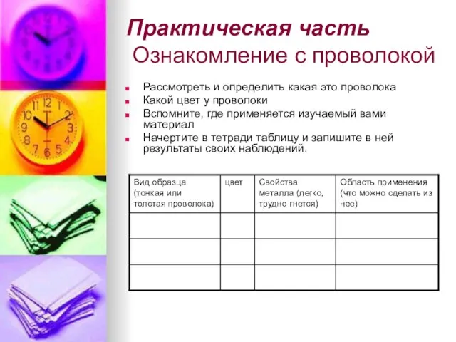 Практическая часть Ознакомление с проволокой Рассмотреть и определить какая это проволока Какой