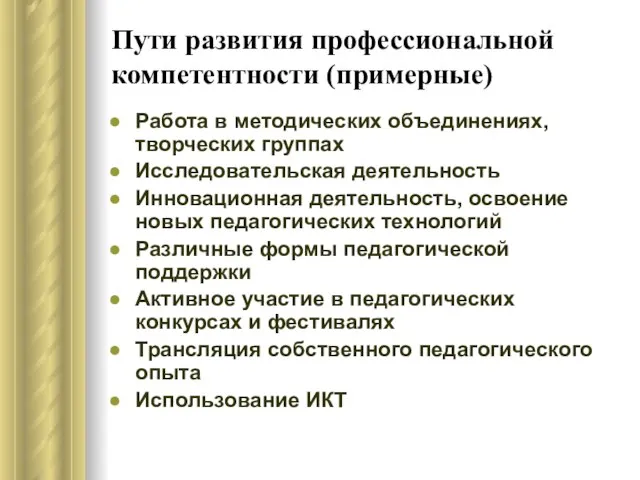 Пути развития профессиональной компетентности (примерные) Работа в методических объединениях, творческих группах Исследовательская