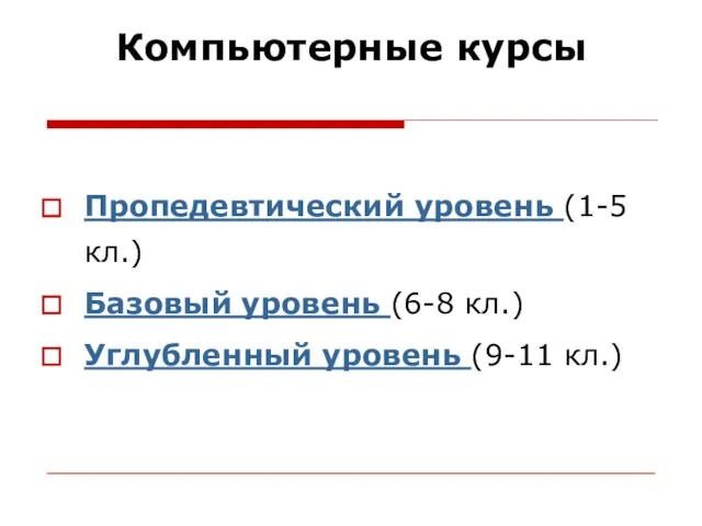 Компьютерные курсы Пропедевтический уровень (1-5 кл.) Базовый уровень (6-8 кл.) Углубленный уровень (9-11 кл.)