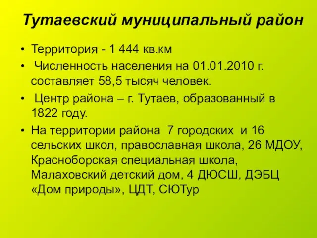 Территория - 1 444 кв.км Численность населения на 01.01.2010 г. составляет 58,5