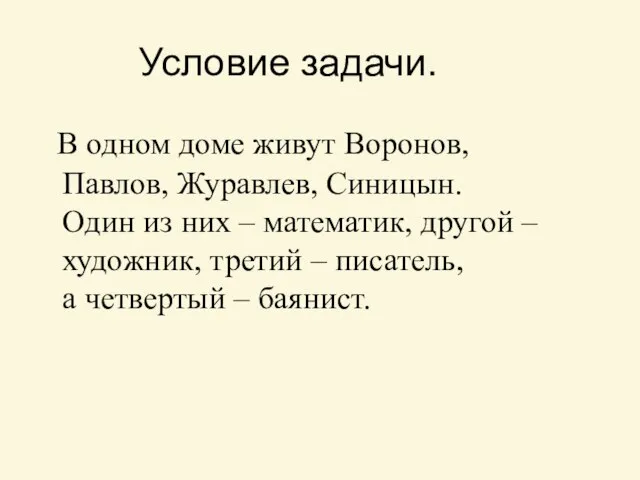 Условие задачи. В одном доме живут Воронов, Павлов, Журавлев, Синицын. Один из