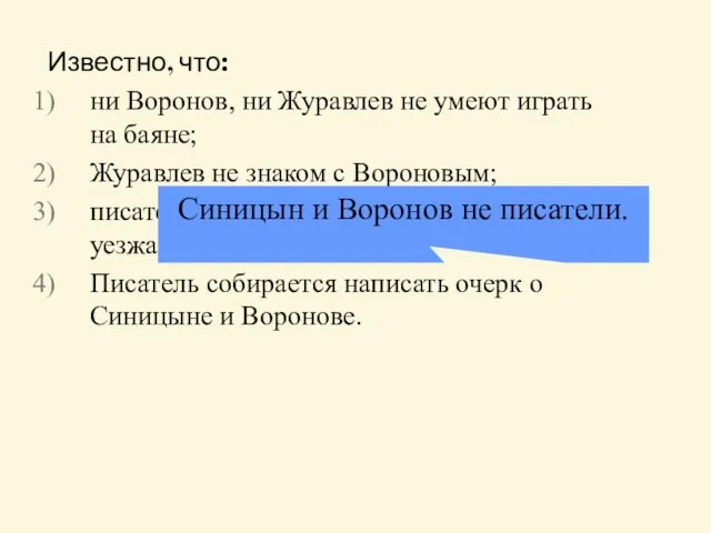 Известно, что: ни Воронов, ни Журавлев не умеют играть на баяне; Журавлев