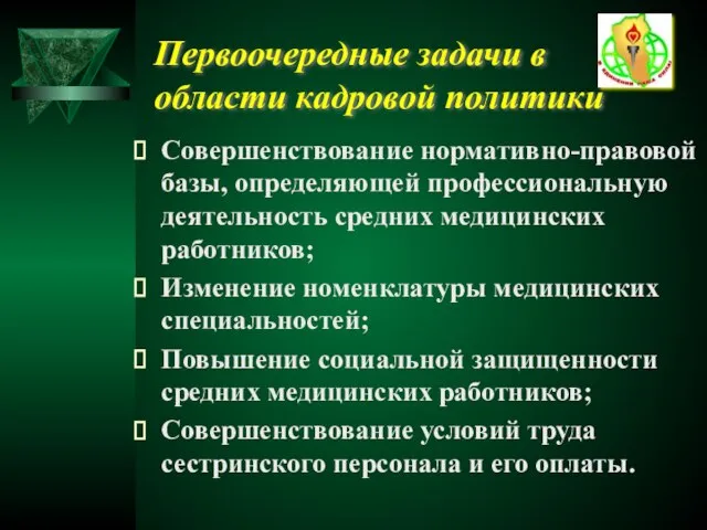 Первоочередные задачи в области кадровой политики Совершенствование нормативно-правовой базы, определяющей профессиональную деятельность