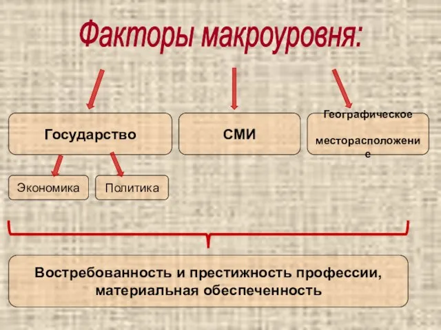 Факторы макроуровня: Государство СМИ Географическое месторасположение Экономика Политика Востребованность и престижность профессии, материальная обеспеченность