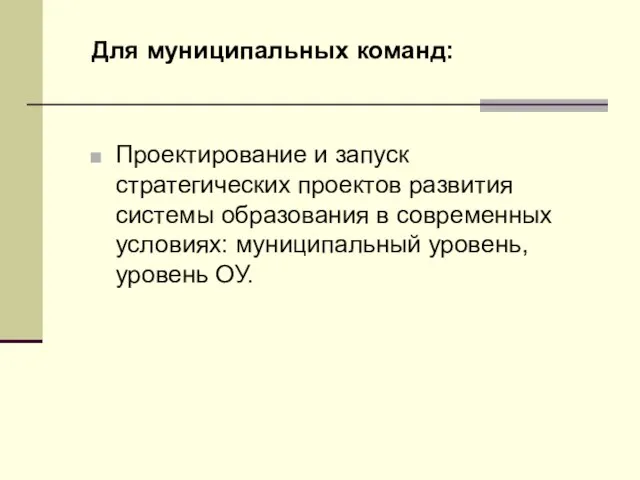 Для муниципальных команд: Проектирование и запуск стратегических проектов развития системы образования в