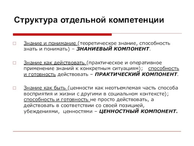 Структура отдельной компетенции Знание и понимание (теоретическое знание, способность знать и понимать)