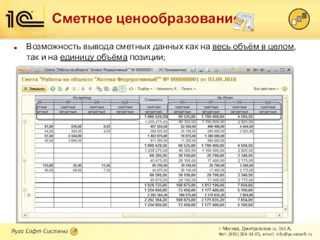 Сметное ценообразование Возможность вывода сметных данных как на весь объём в целом,