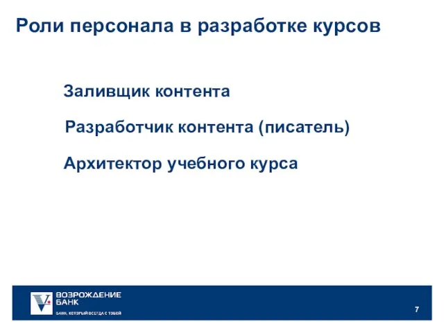 Заливщик контента Роли персонала в разработке курсов Разработчик контента (писатель) Архитектор учебного курса