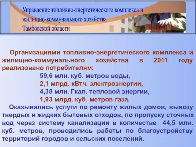 Организациями топливно-энергетического комплекса и жилищно-коммунального хозяйства в 2011 году реализовано потребителям: 59,6