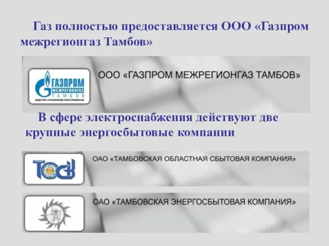 Газ полностью предоставляется ООО «Газпром межрегионгаз Тамбов» В сфере электроснабжения действуют две крупные энергосбытовые компании