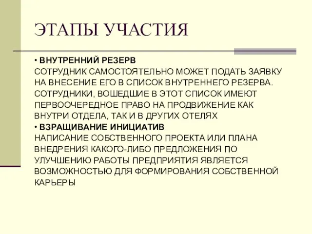 ЭТАПЫ УЧАСТИЯ • ВНУТРЕННИЙ РЕЗЕРВ СОТРУДНИК САМОСТОЯТЕЛЬНО МОЖЕТ ПОДАТЬ ЗАЯВКУ НА ВНЕСЕНИЕ