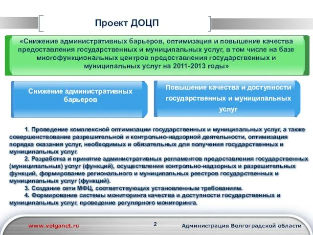 Проект ДОЦП www.volganet.ru Администрация Волгоградской области 1. Проведение комплексной оптимизации государственных и