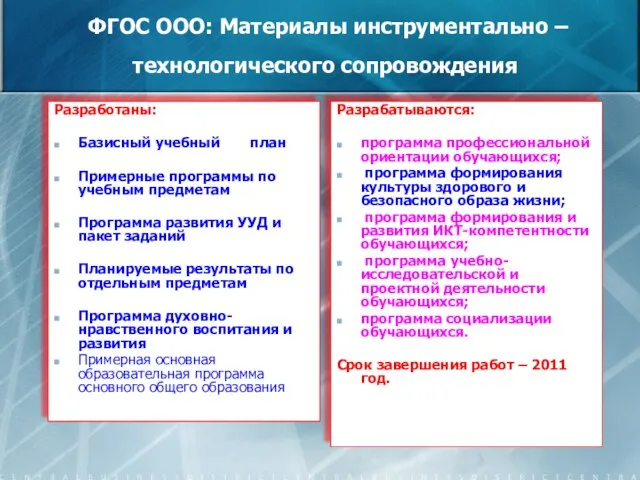 ФГОС ООО: Материалы инструментально – технологического сопровождения Разработаны: Базисный учебный план Примерные