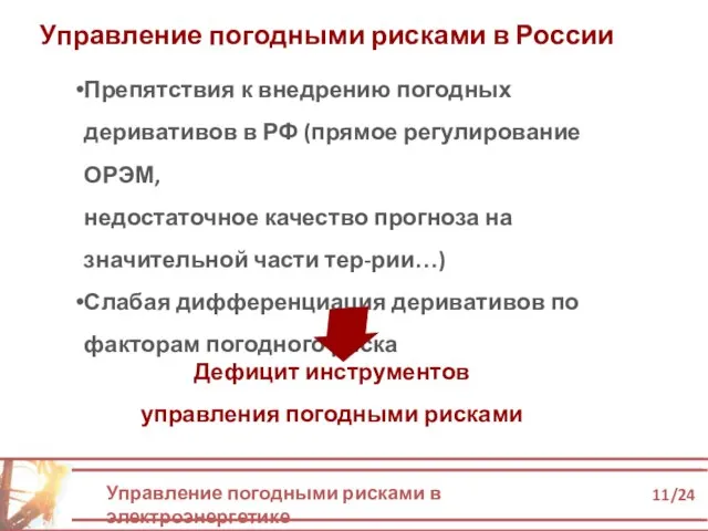 Управление погодными рисками в электроэнергетике 11/24 Управление погодными рисками в России Препятствия