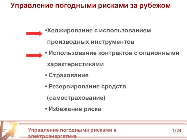 Управление погодными рисками в электроэнергетике 7/24 Управление погодными рисками за рубежом Хеджирование