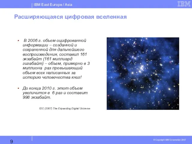 Расширяющаяся цифровая вселенная В 2006 г. объем оцифрованной информации – созданной и