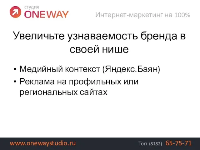 Медийный контекст (Яндекс.Баян) Реклама на профильных или региональных сайтах Интернет-маркетинг на 100%