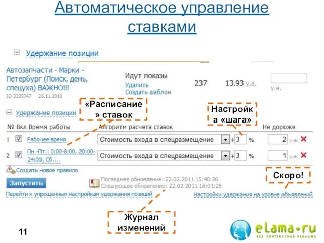 Автоматическое управление ставками Настройка «шага» «Расписание» ставок Журнал изменений Скоро!