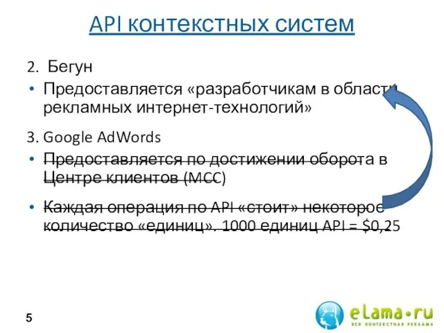 API контекстных систем 2. Бегун Предоставляется «разработчикам в области рекламных интернет-технологий» 3.