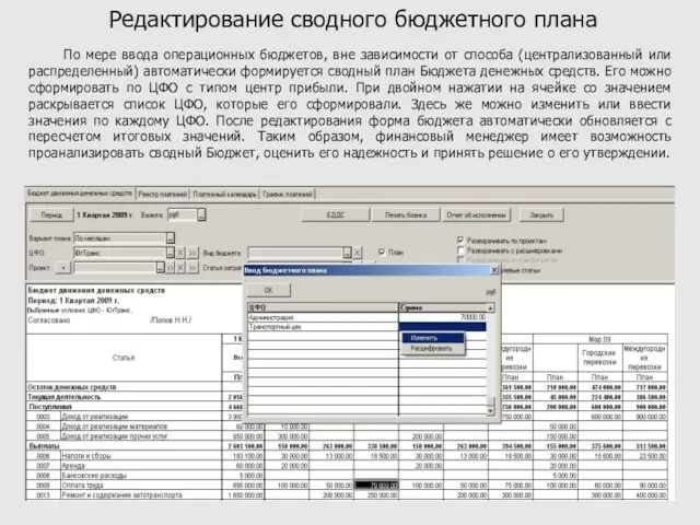 Редактирование сводного бюджетного плана По мере ввода операционных бюджетов, вне зависимости от