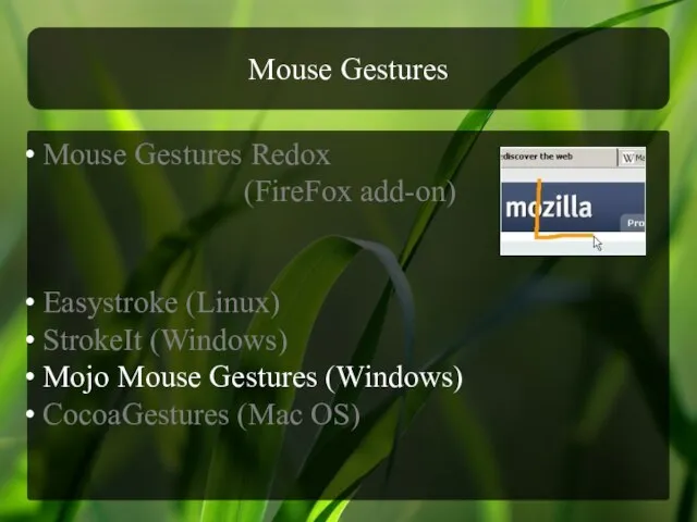 Mouse Gestures Mouse Gestures Redox (FireFox add-on) Easystroke (Linux) StrokeIt (Windows) Mojo