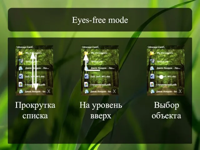 Eyes-free mode Прокрутка списка На уровень вверх Выбор объекта