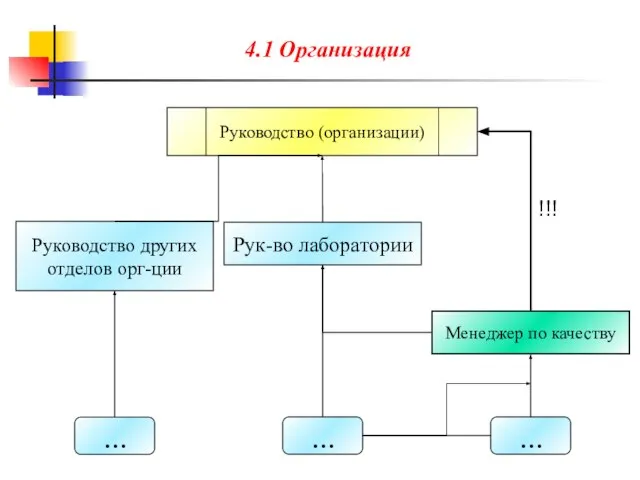 4.1 Организация Руководство (организации) Рук-во лаборатории Менеджер по качеству Руководство других отделов