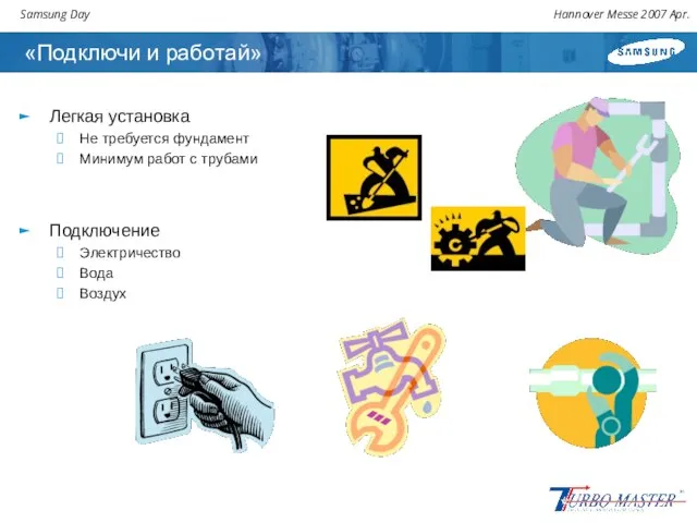 «Подключи и работай» Легкая установка Не требуется фундамент Минимум работ с трубами Подключение Электричество Вода Воздух