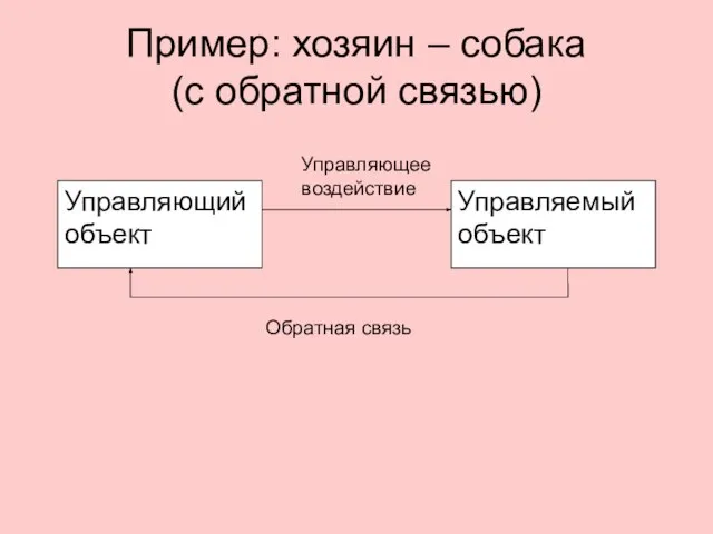 Пример: хозяин – собака (с обратной связью) Управляющее воздействие