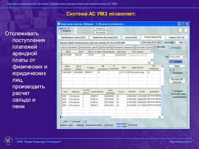 НПК “Бюро Кадастра Таганрога” http://www.cbt.ru Система АС УМЗ позволяет: Отслеживать поступления платежей