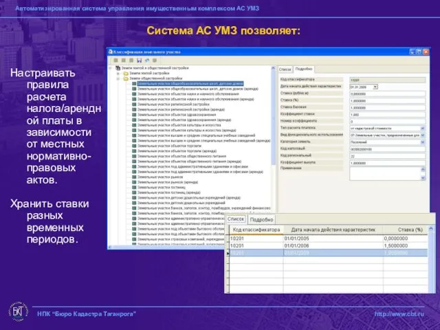 НПК “Бюро Кадастра Таганрога” http://www.cbt.ru Система АС УМЗ позволяет: Настраивать правила расчета