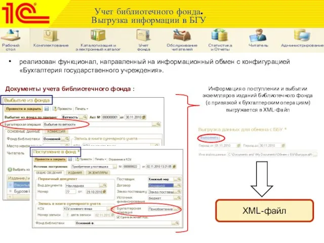 Учет библиотечного фонда. Выгрузка информации в БГУ реализован функционал, направленный на информационный