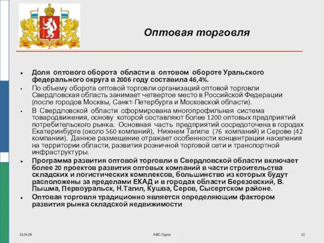 22.04.09 АВС-Групп Оптовая торговля Доля оптового оборота области в оптовом обороте Уральского