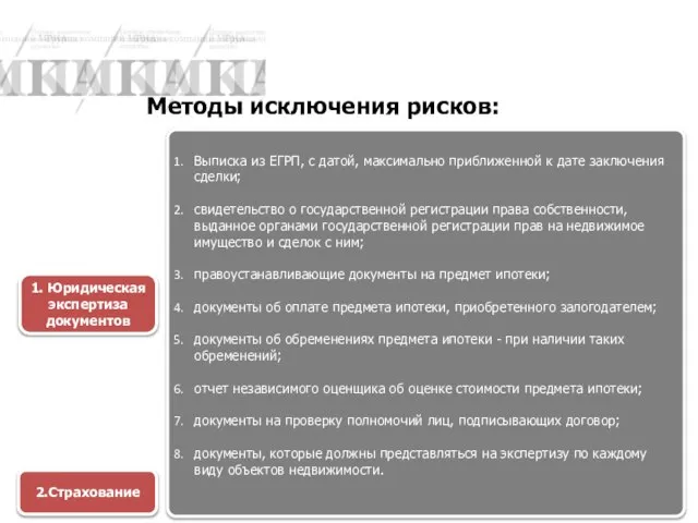 Методы исключения рисков: 1. Юридическая экспертиза документов Выписка из ЕГРП, с датой,