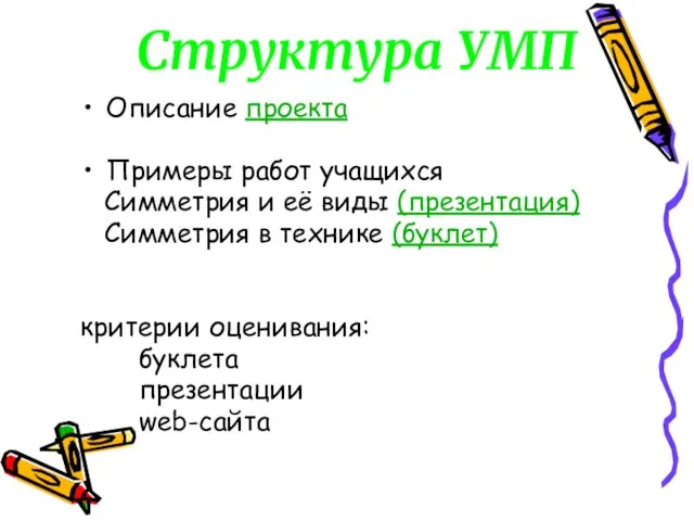 Структура УМП Описание проекта Примеры работ учащихся Симметрия и её виды (презентация)