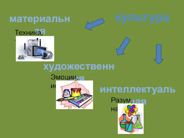 материальная художественная интеллектуальная культура Техника, тело Эмоции, искусство Разум, наука