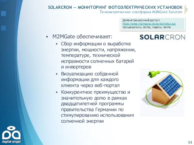 SOLARCRON — МОНИТОРИНГ ФОТОЭЛЕКТРИЧЕСКИХ УСТАНОВОК M2MGate обеспечивает: Сбор информации о выработке энергии,