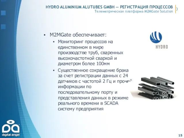 HYDRO ALUMINIUM ALUTUBES GMBH — РЕГИСТРАЦИЯ ПРОЦЕССОВ M2MGate обеспечивает: Мониторинг процессов на