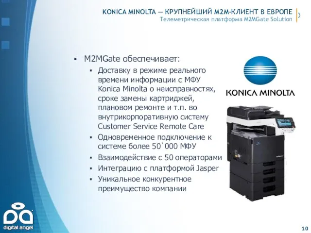 KONICA MINOLTA — КРУПНЕЙШИЙ M2M-КЛИЕНТ В ЕВРОПЕ M2MGate обеспечивает: Доставку в режиме