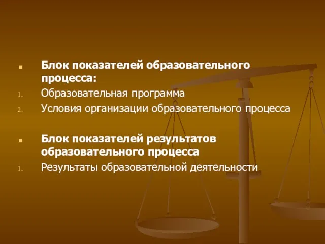 Блок показателей образовательного процесса: Образовательная программа Условия организации образовательного процесса Блок показателей