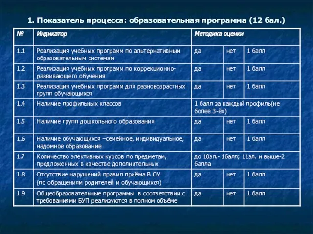 1. Показатель процесса: образовательная программа (12 бал.)